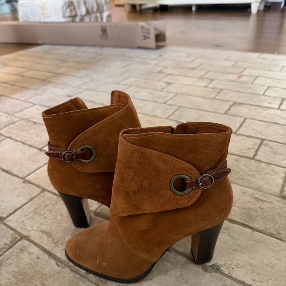 Nicole Miller Cognac Suede Fold-Over Ankle Boots with Ring Accent